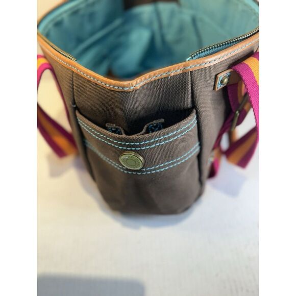 GAP 1969 Heavy Duty Brown Canvas Handbag Leather Trim Orange and Pink Stripes - Picture 11 of 16